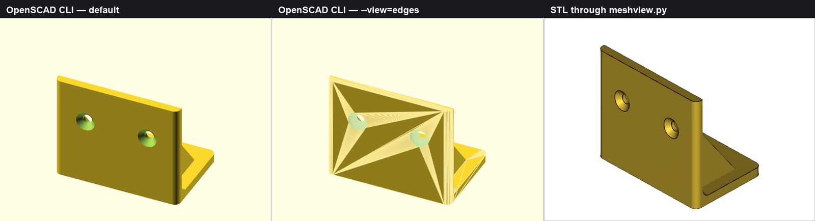 The same bracket rendered three ways: flat default, cluttered triangulation edges, and clean outlines