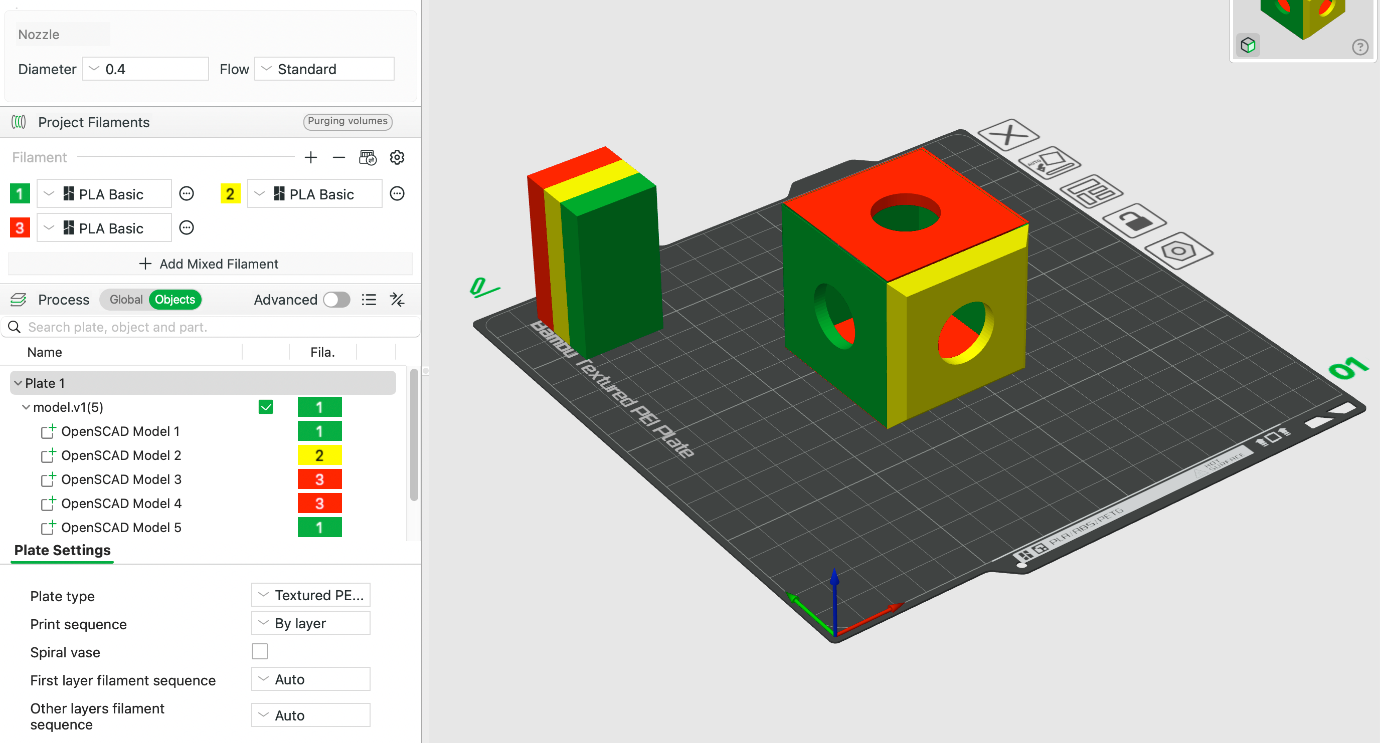 Bambu Studio showing a multicolor 3MF imported from ModelRift - the object list shows 5 separate OpenSCAD Model parts each assigned to a different filament