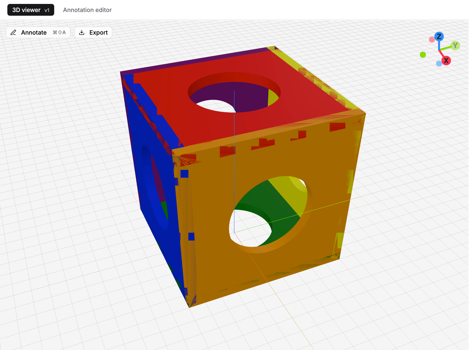 ModelRift 3D viewer showing a multicolor model with z-fighting artifacts at part boundaries - overlapping colored faces causing rendering glitches
