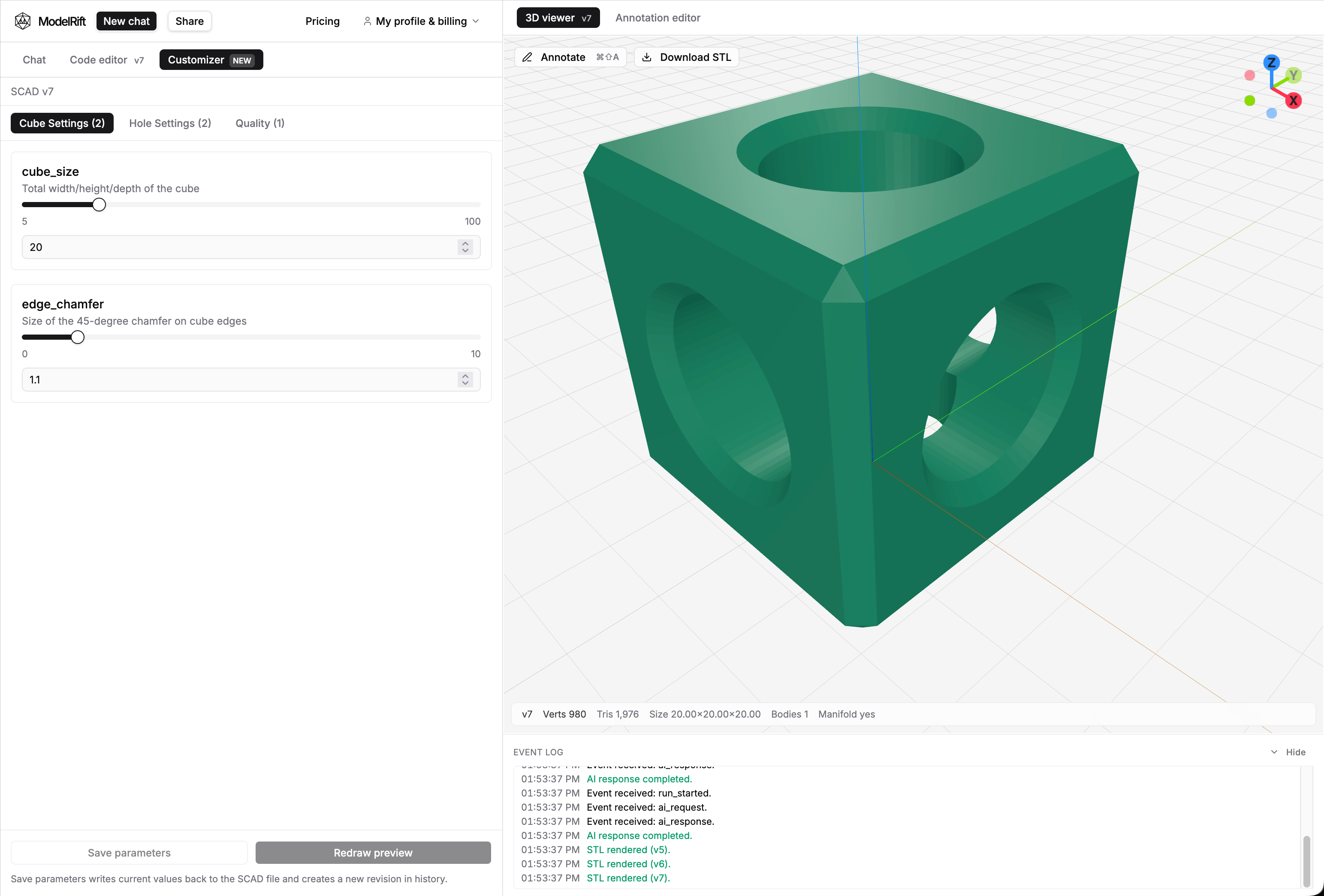 ModelRift editor with the Customizer panel showing sliders and dropdowns alongside the 3D preview