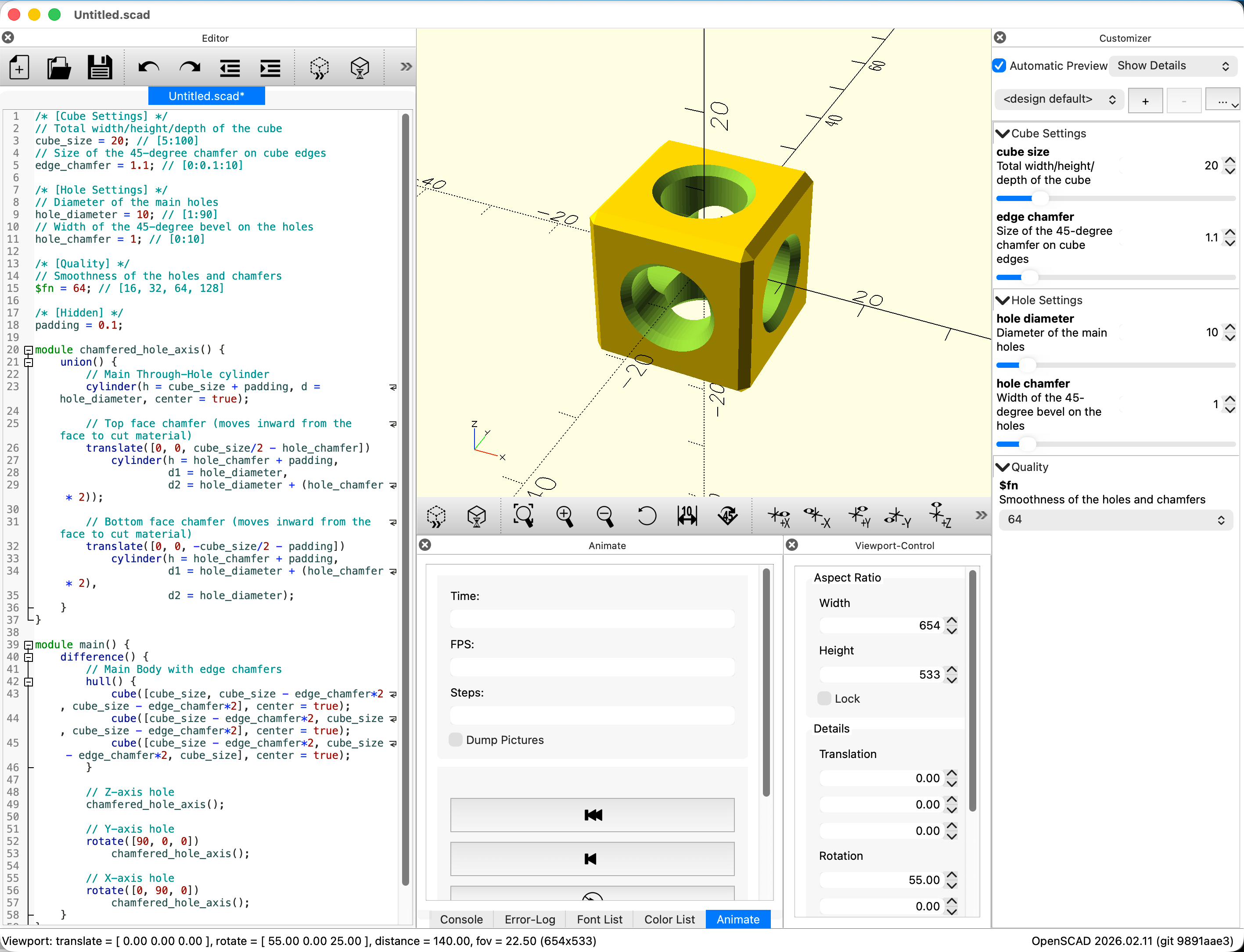 OpenSCAD desktop application with the Customizer panel open on the right side