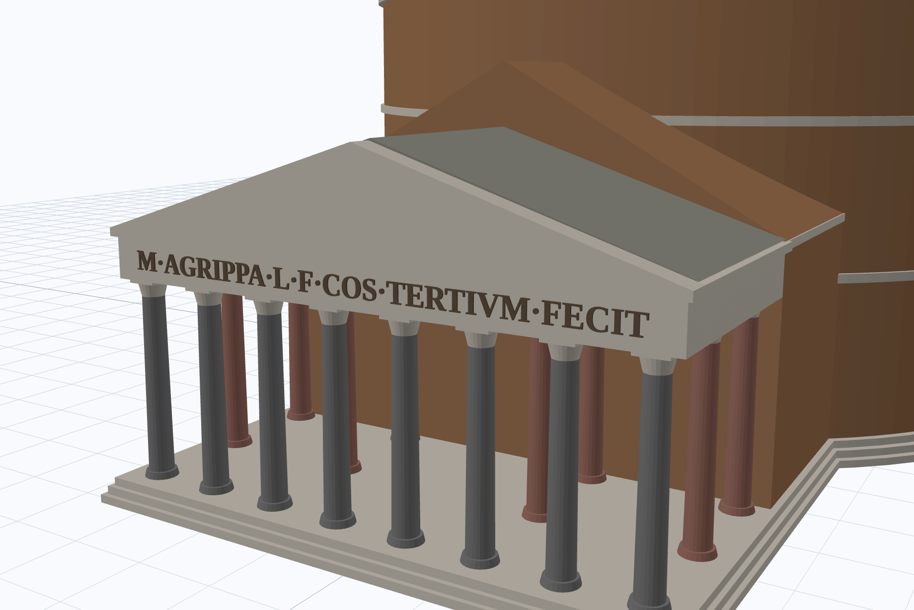Close-up of the Antigravity Pantheon portico showing the M AGRIPPA inscription and column layout