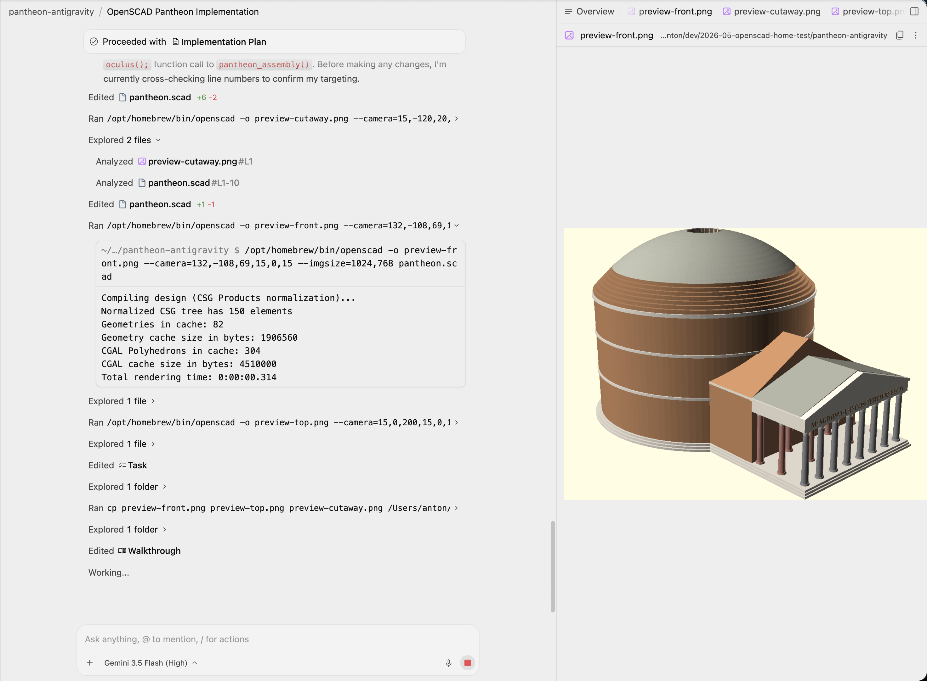 Google Antigravity 2.0 process screenshot showing OpenSCAD render output beside the agent workflow