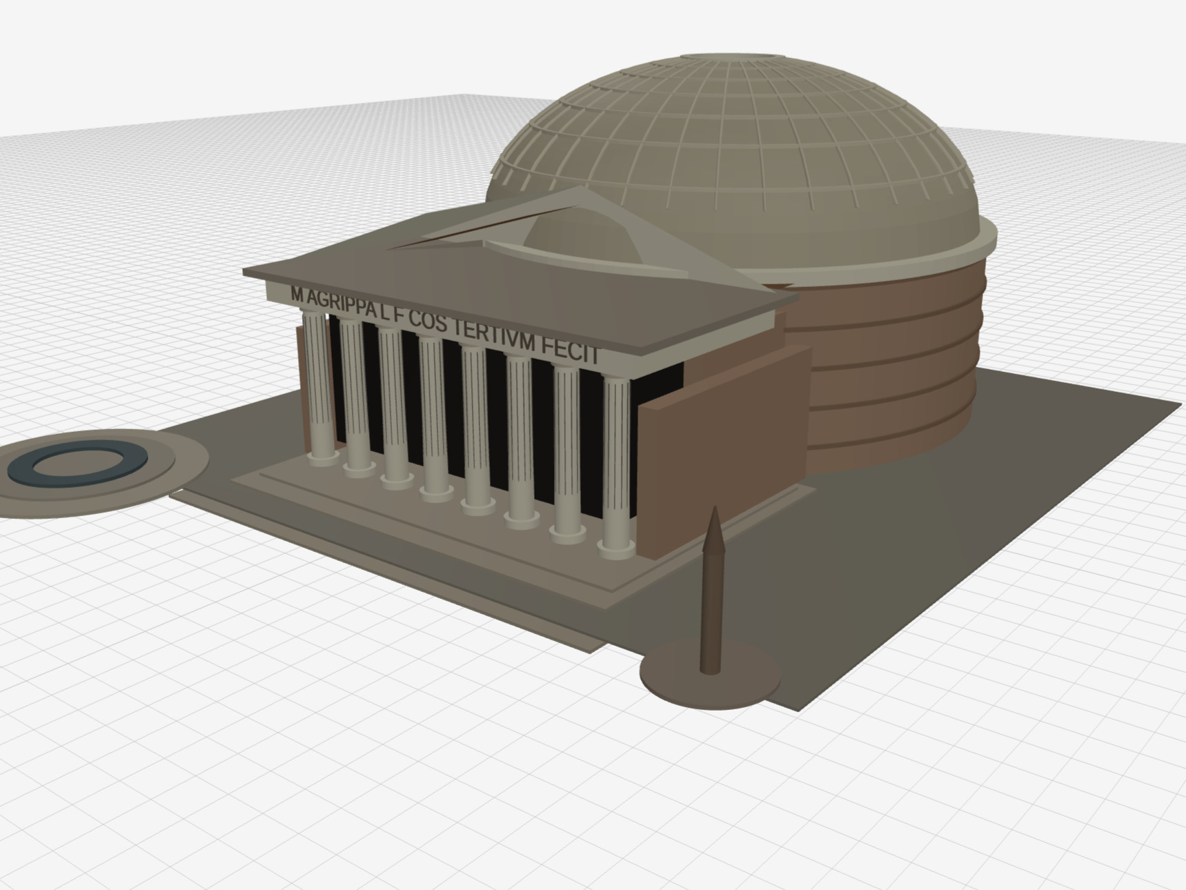 Codex 5.5 High OpenSCAD render of the Pantheon with portico, dome, inscription, and surrounding reference details
