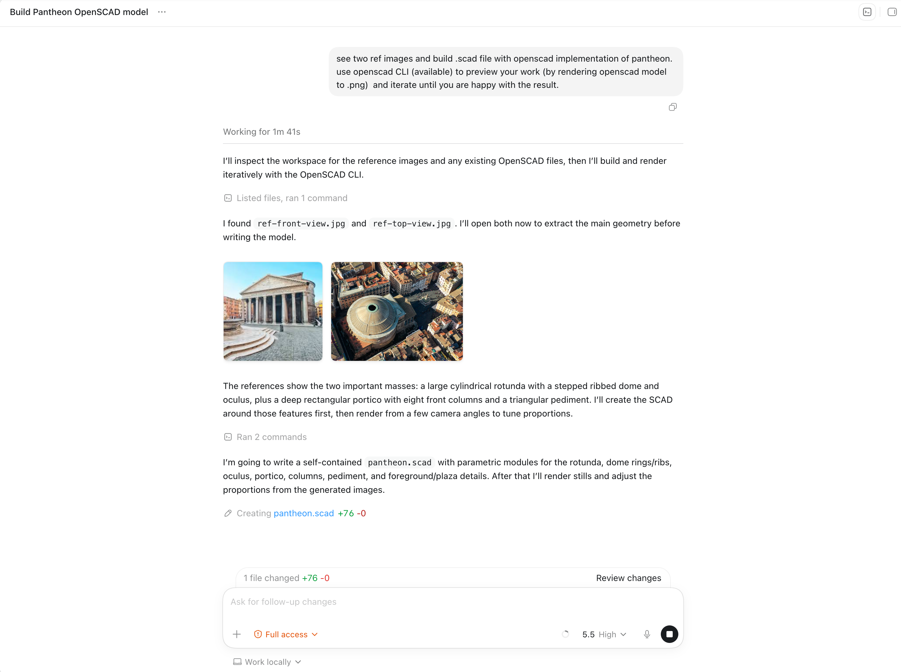 Codex Desktop conversation showing the prompt and both Pantheon reference images loaded into context