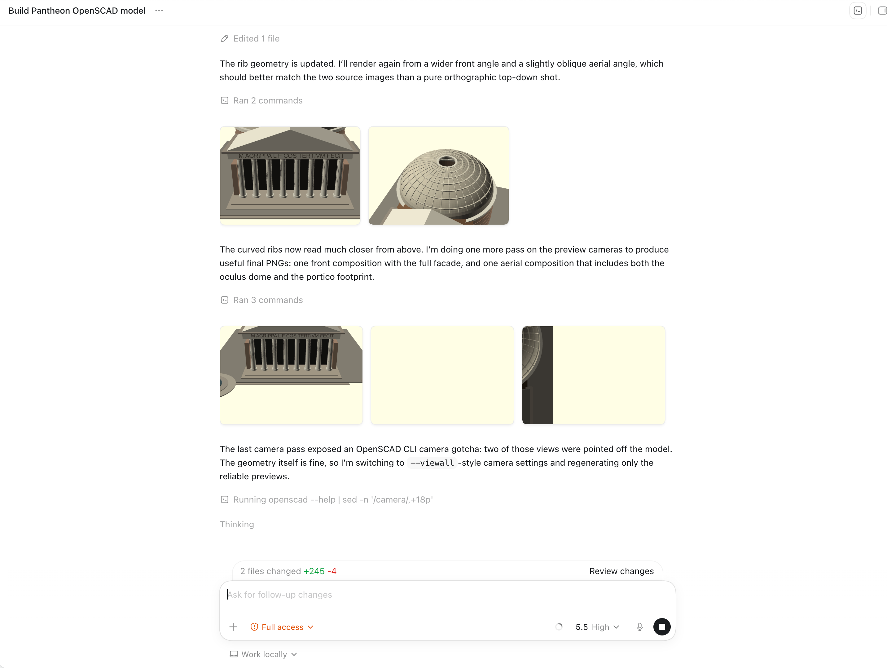 Codex Desktop showing rendered OpenSCAD preview iterations for the Pantheon model