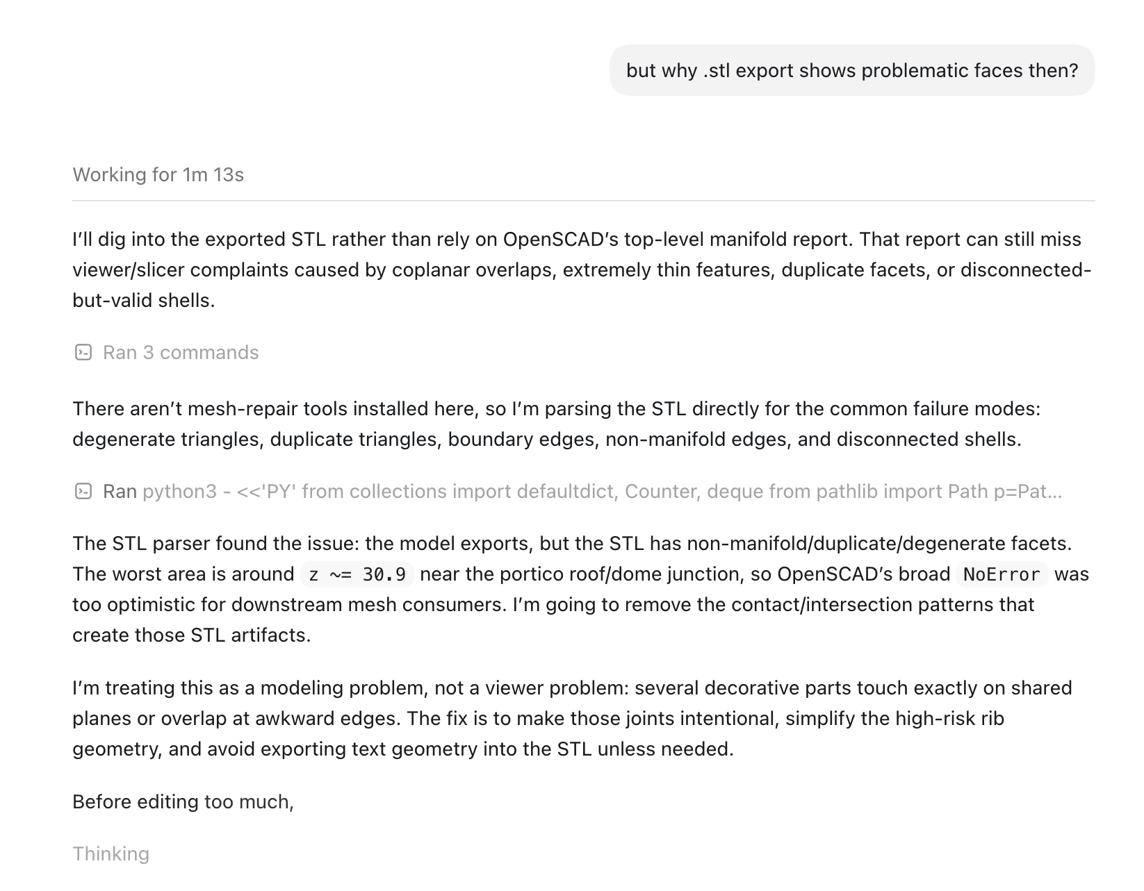 Codex Desktop debugging notes about non-manifold STL facets near the portico roof and dome junction