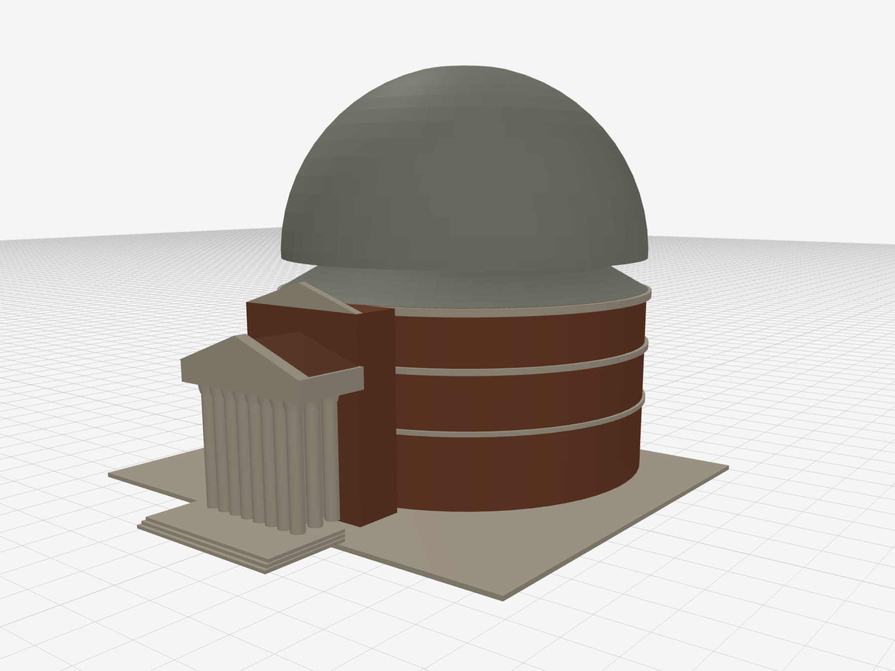 Cursor Composer OpenSCAD render of the Pantheon with a simplified dome, portico, and columns