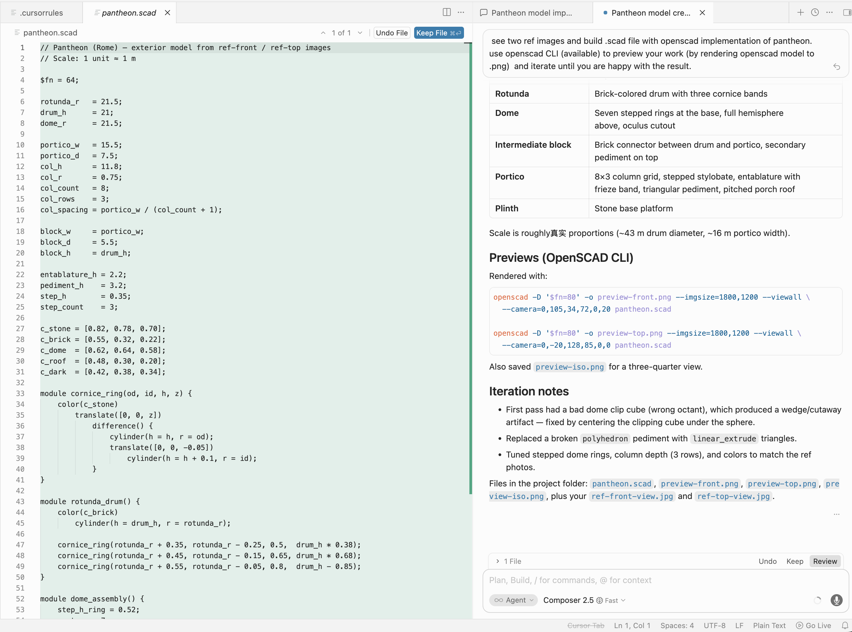 Cursor Composer process screenshot showing generated Pantheon OpenSCAD code and a structured model plan