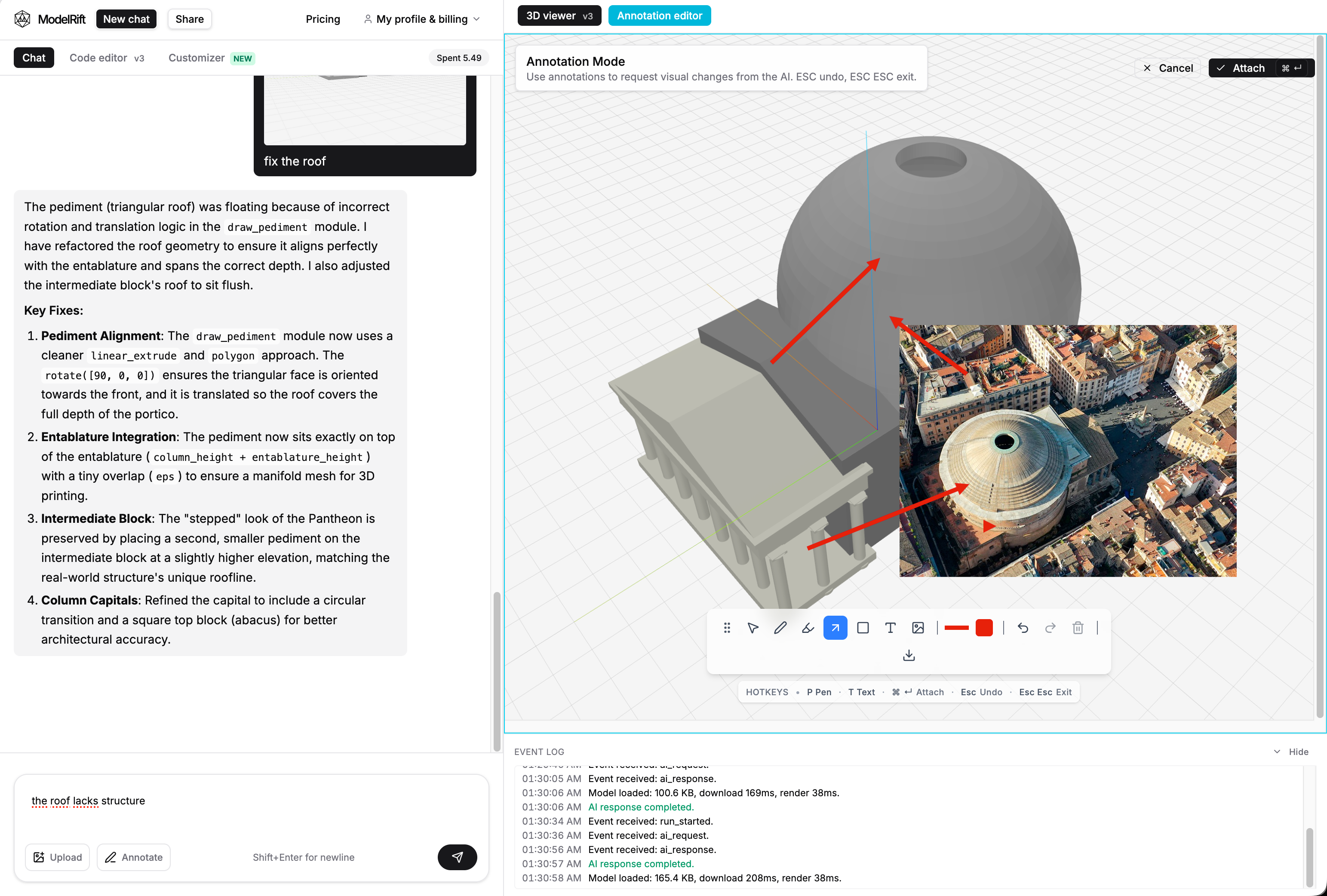 ModelRift annotation editor showing red arrows and a reference image used to request roof and dome corrections