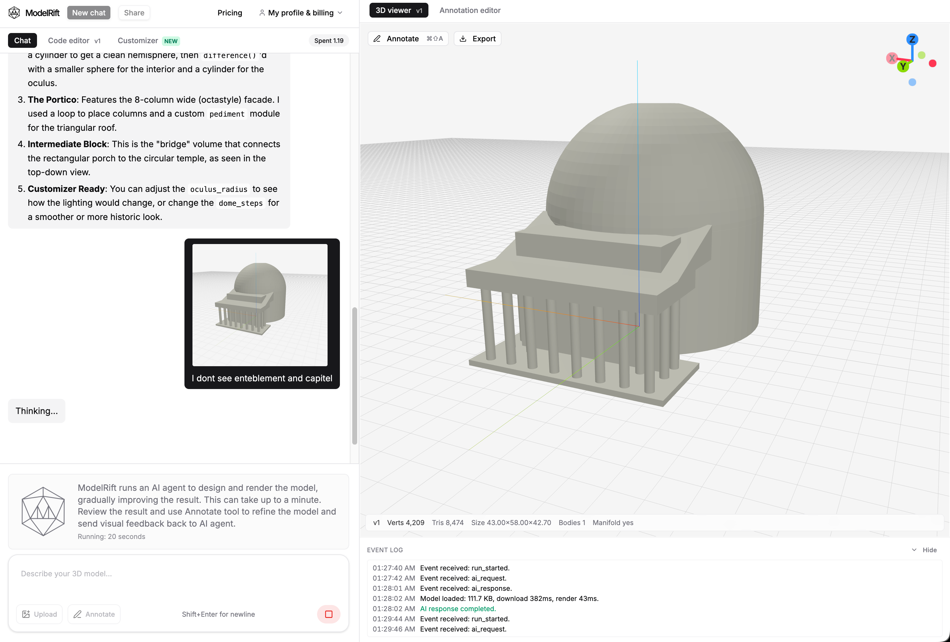ModelRift client showing a user feedback message asking Gemini Flash 3 to fix missing entablature and column capitals