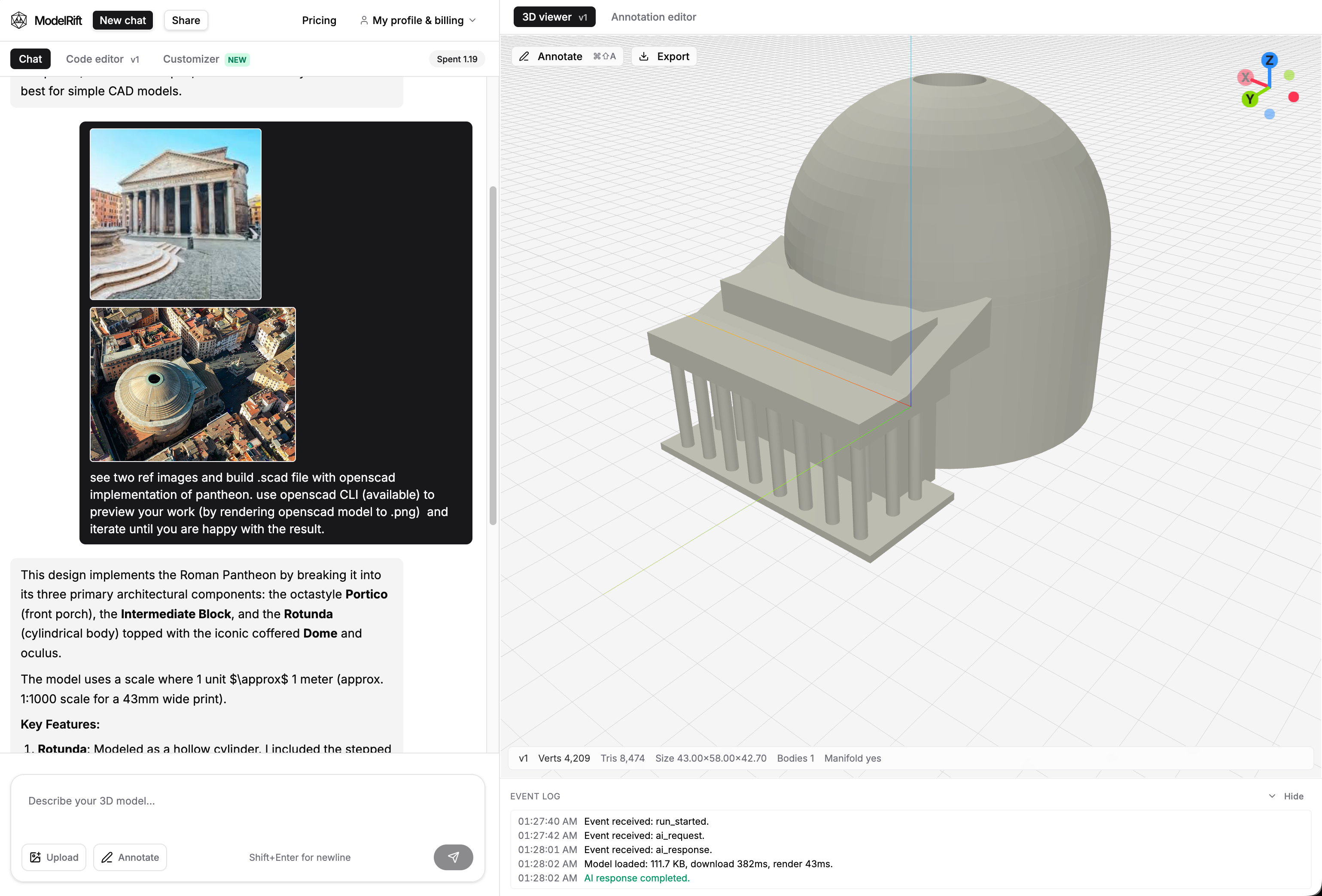ModelRift client showing Gemini Flash 3 generating the first Pantheon model from the prompt and reference images