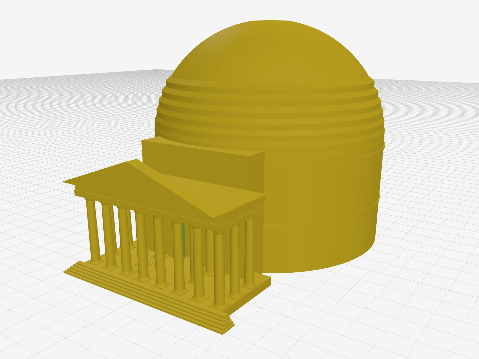 Claude Opus OpenSCAD render of the Pantheon with a yellow rotunda, dome, portico, and columns