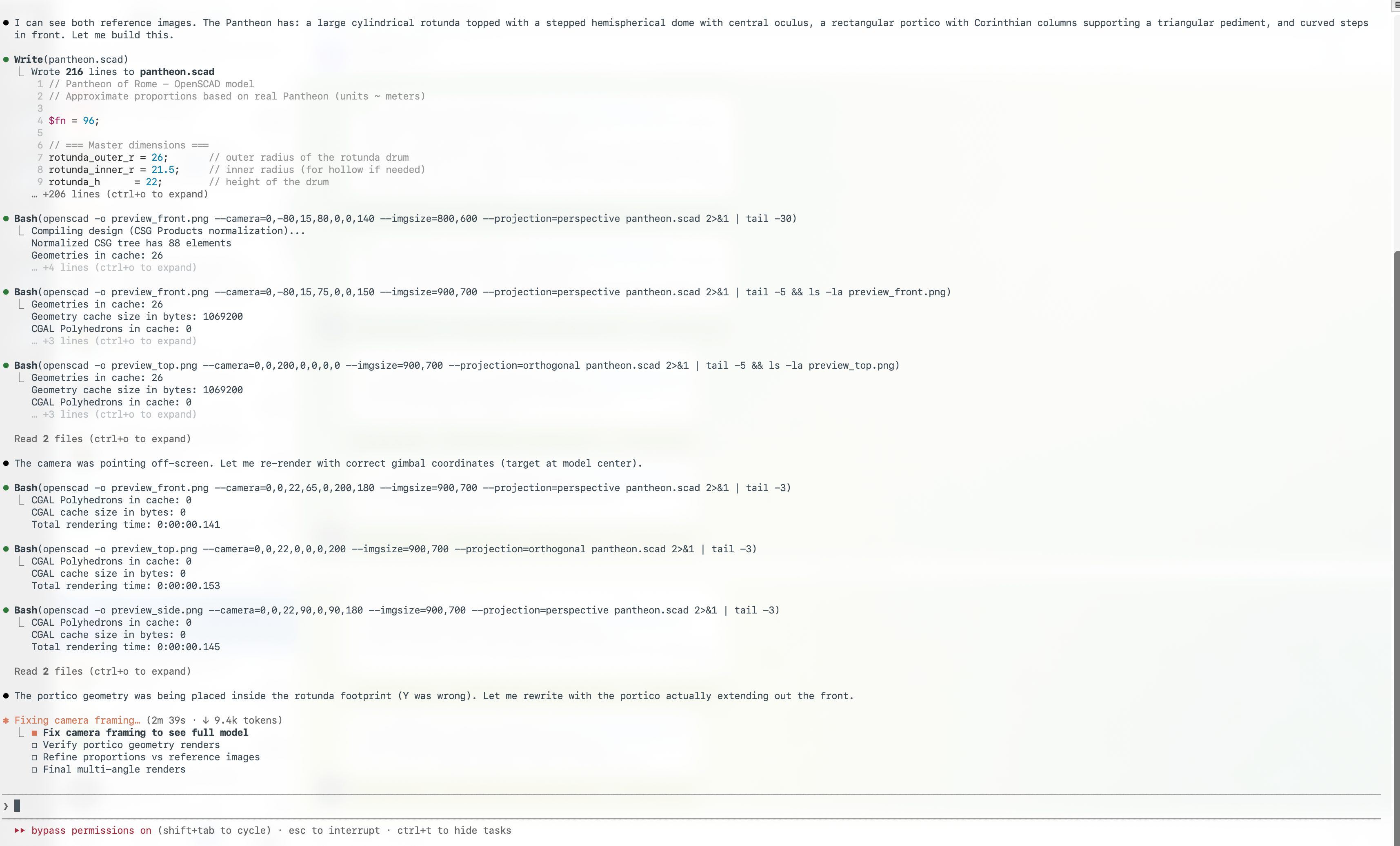 Claude Opus process screenshot showing OpenSCAD render commands and iteration notes