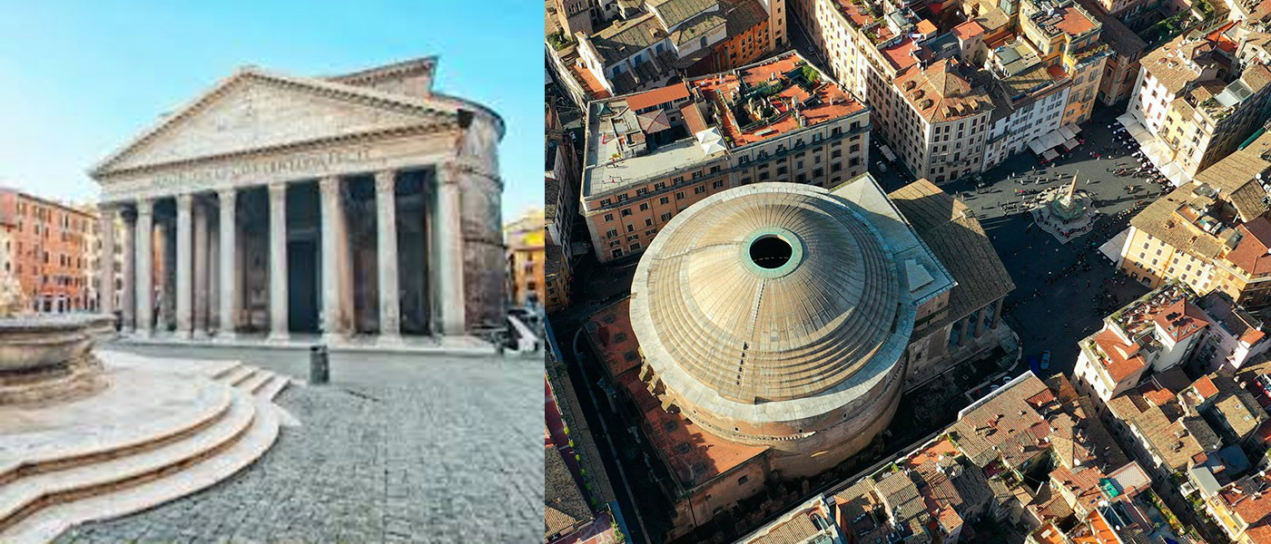 Two Pantheon benchmark reference images: front facade view on the left and aerial top view on the right