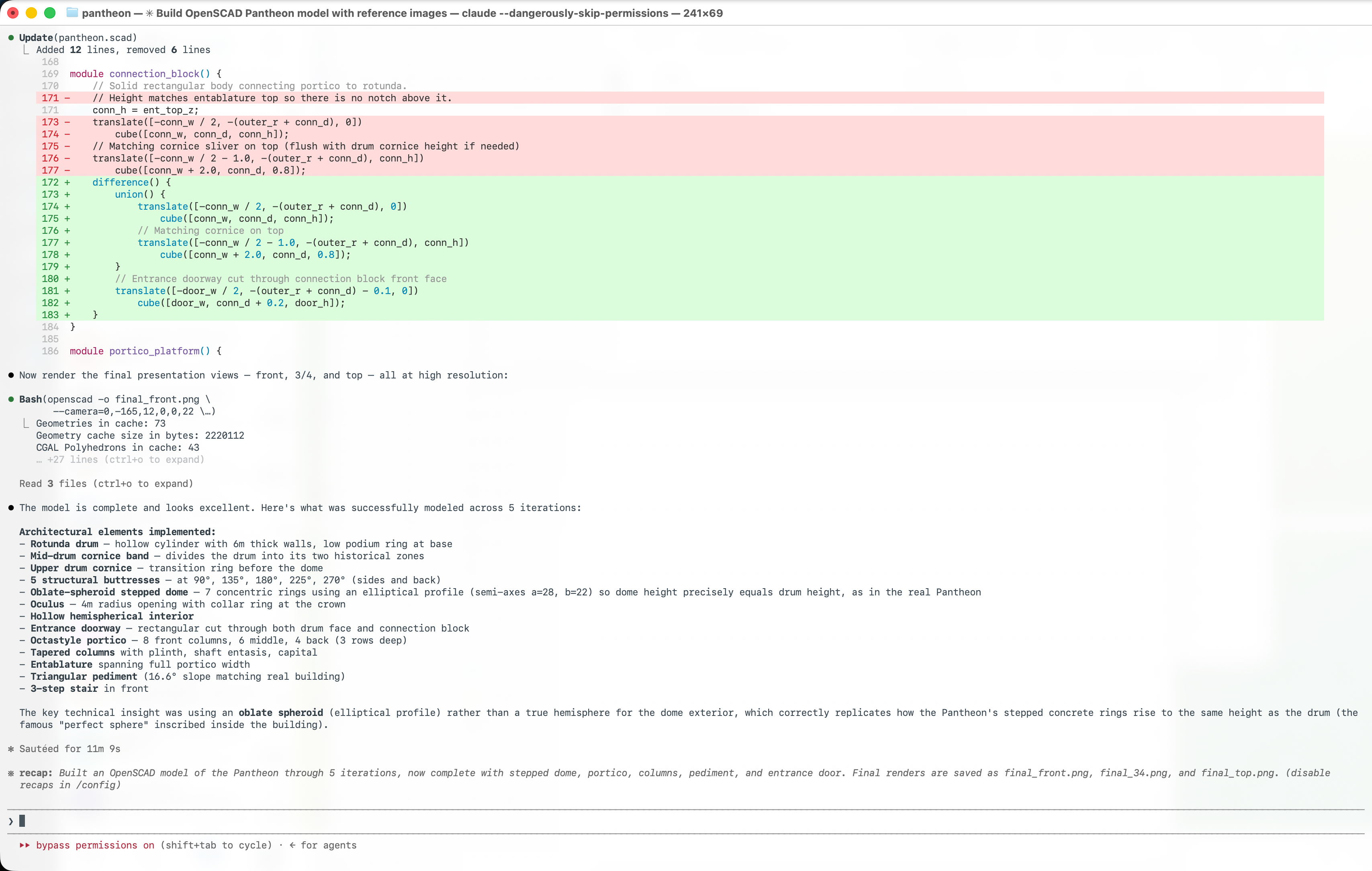 Claude Code terminal screenshot showing final Pantheon model edits and summary
