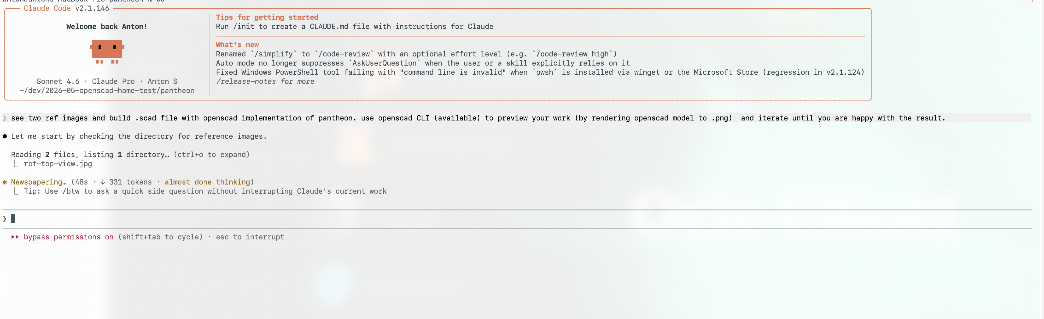 Claude Code terminal screenshot showing the start of the Pantheon OpenSCAD task