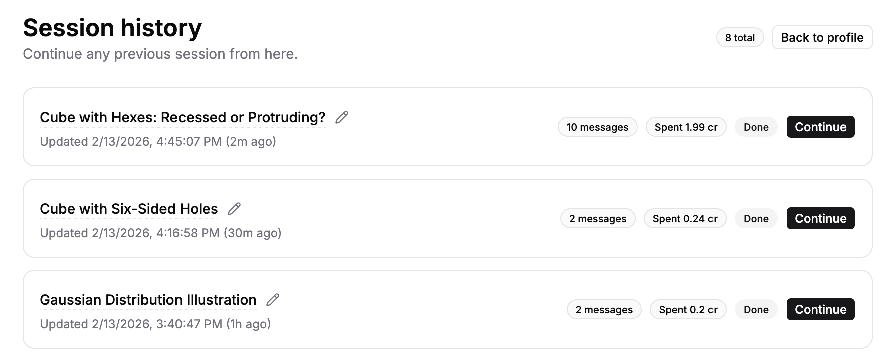 Session history with continuation and manual rename