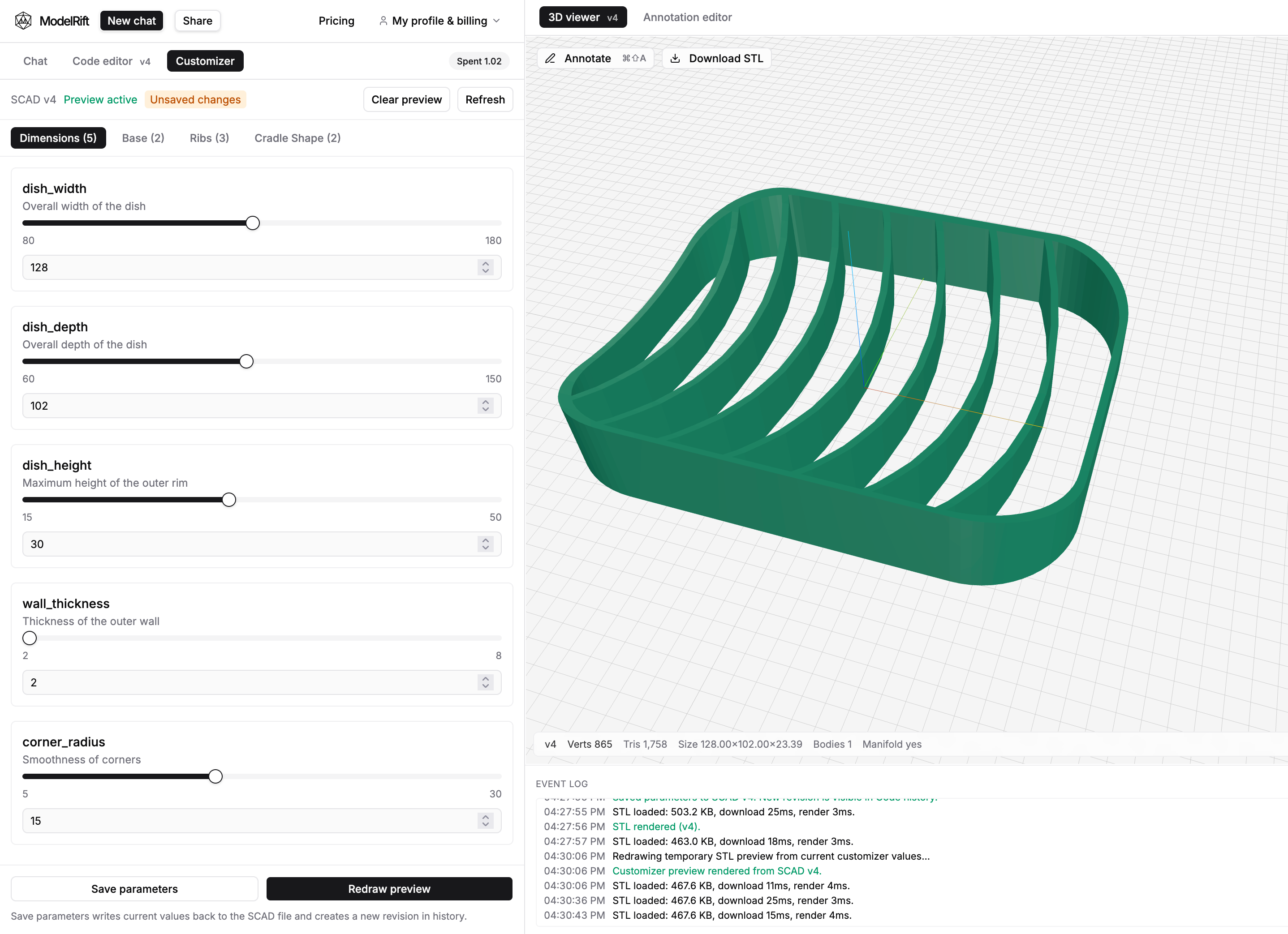 Customizer tab with grouped controls, unsaved marker, and live preview