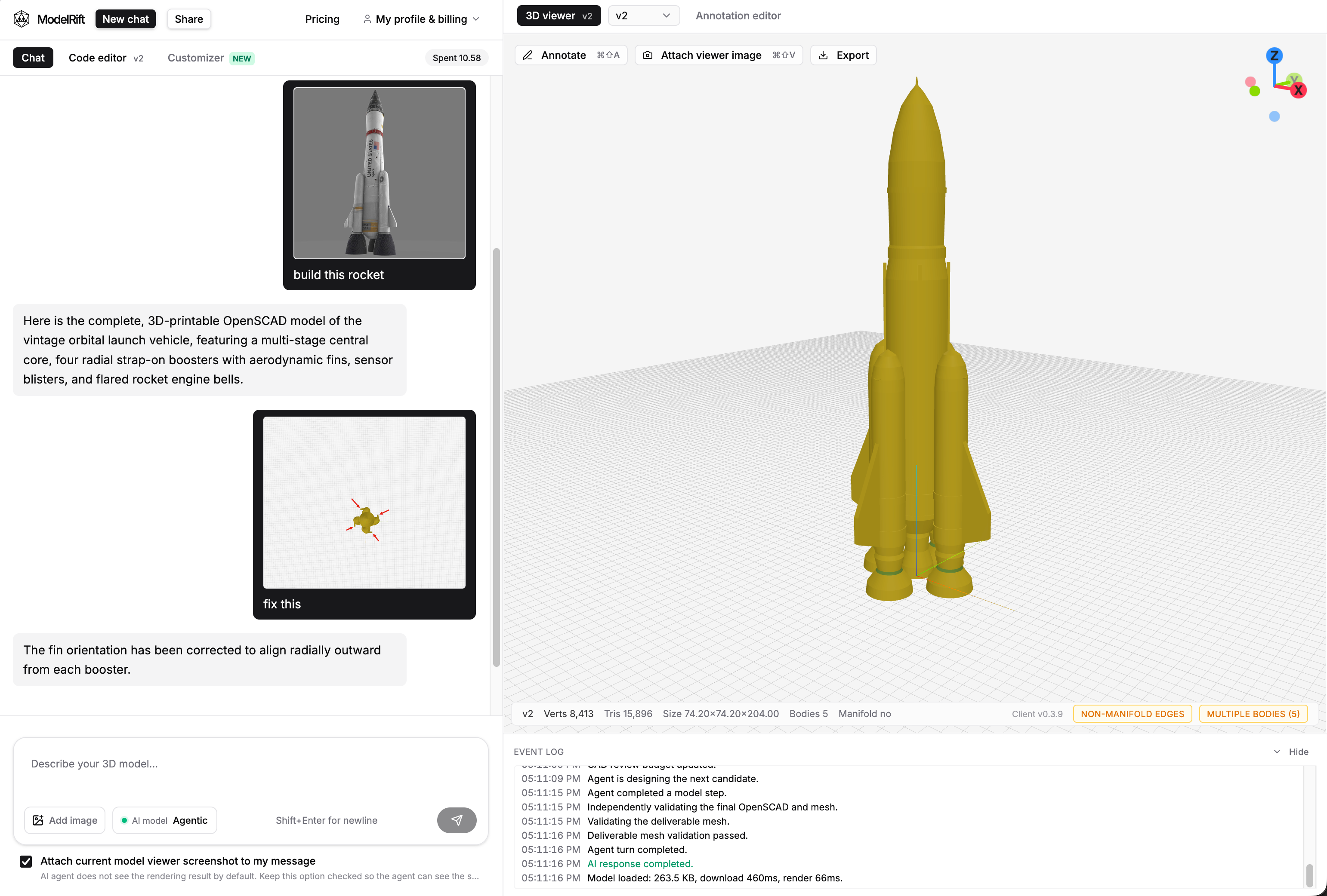 Agentic mode event log showing the AI designing, rendering, and validating a design candidate step by step