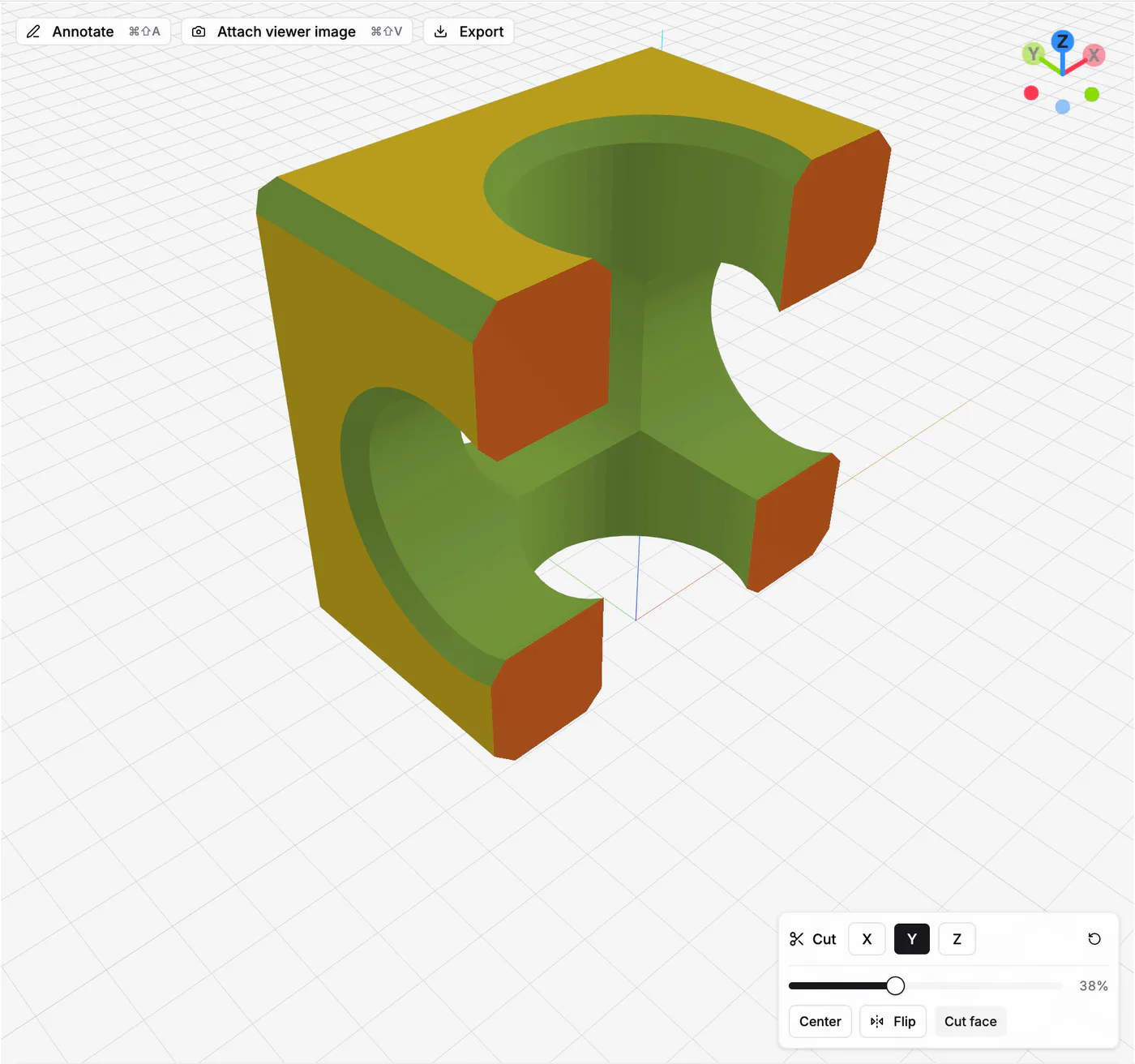 A ModelRift model opened with a Y-axis section view and highlighted cut faces
