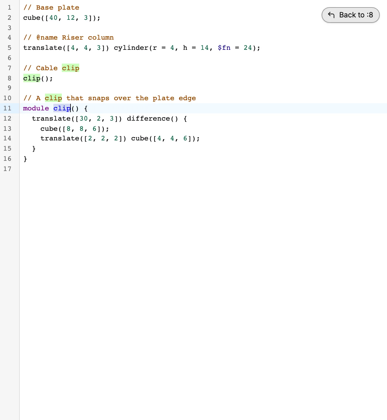 The ModelRift code editor after jumping to a module declaration, with a Back to line 8 button in the top right corner