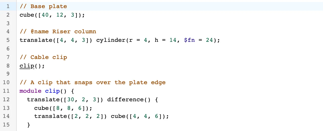 OpenSCAD code in the ModelRift editor with the word clip underlined under a held Cmd key, ready to jump to the module that declares it