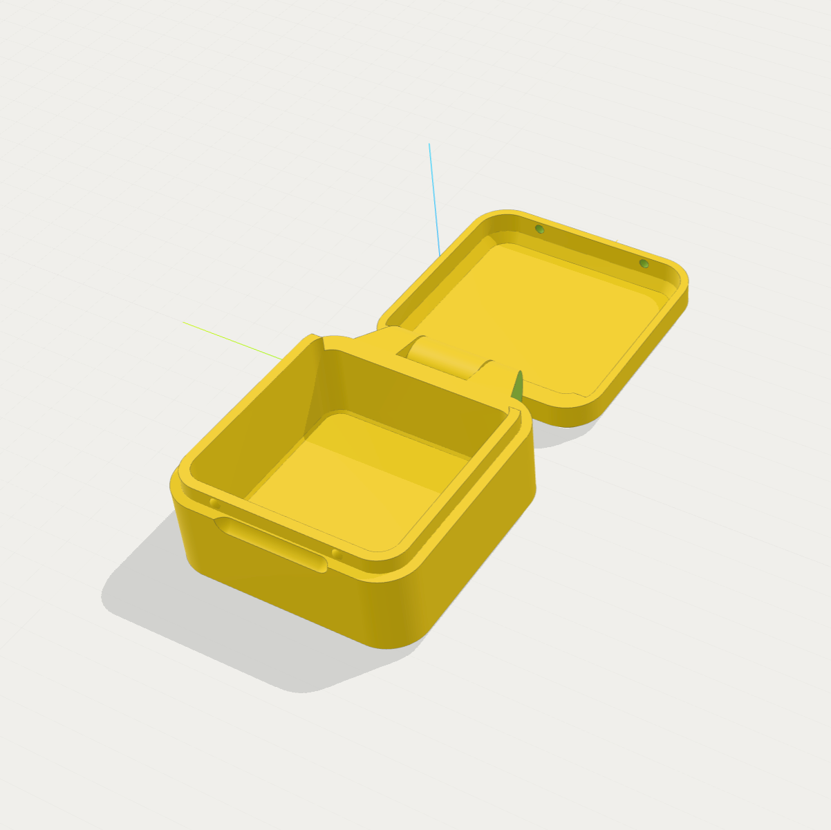 The updated ModelRift viewer showing the same open yellow case with smooth highlights, visible feature edges, a subtle grid and a contact shadow