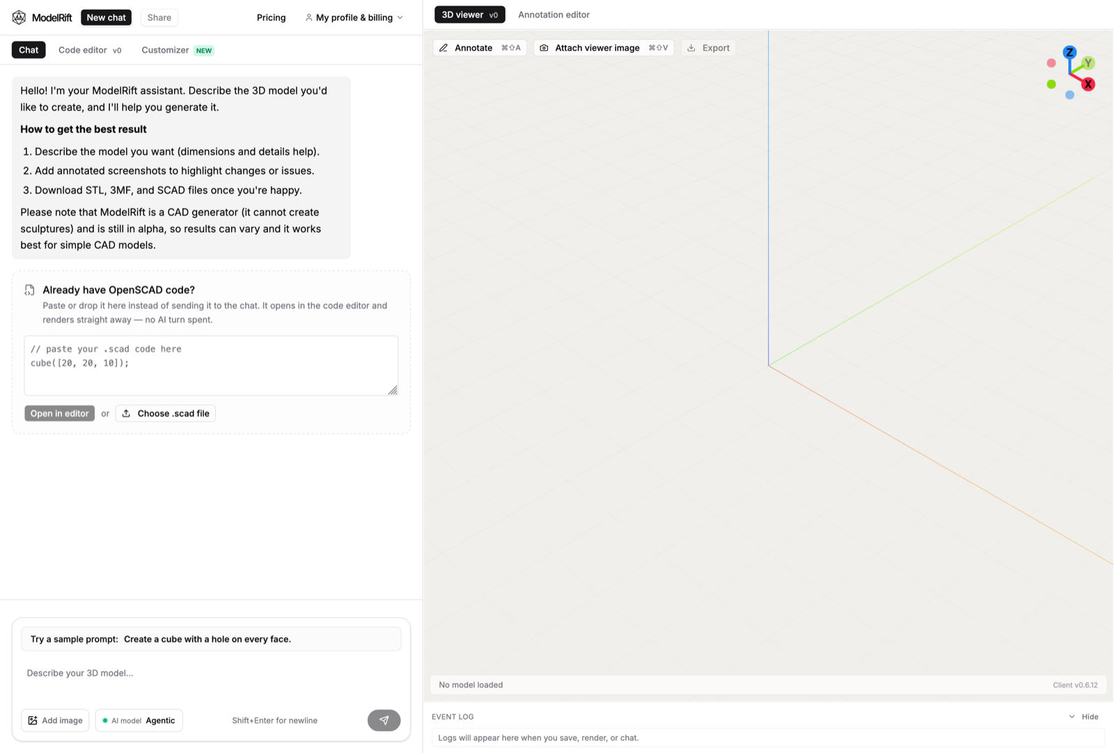 Before: the old welcome message and the separate OpenSCAD code box