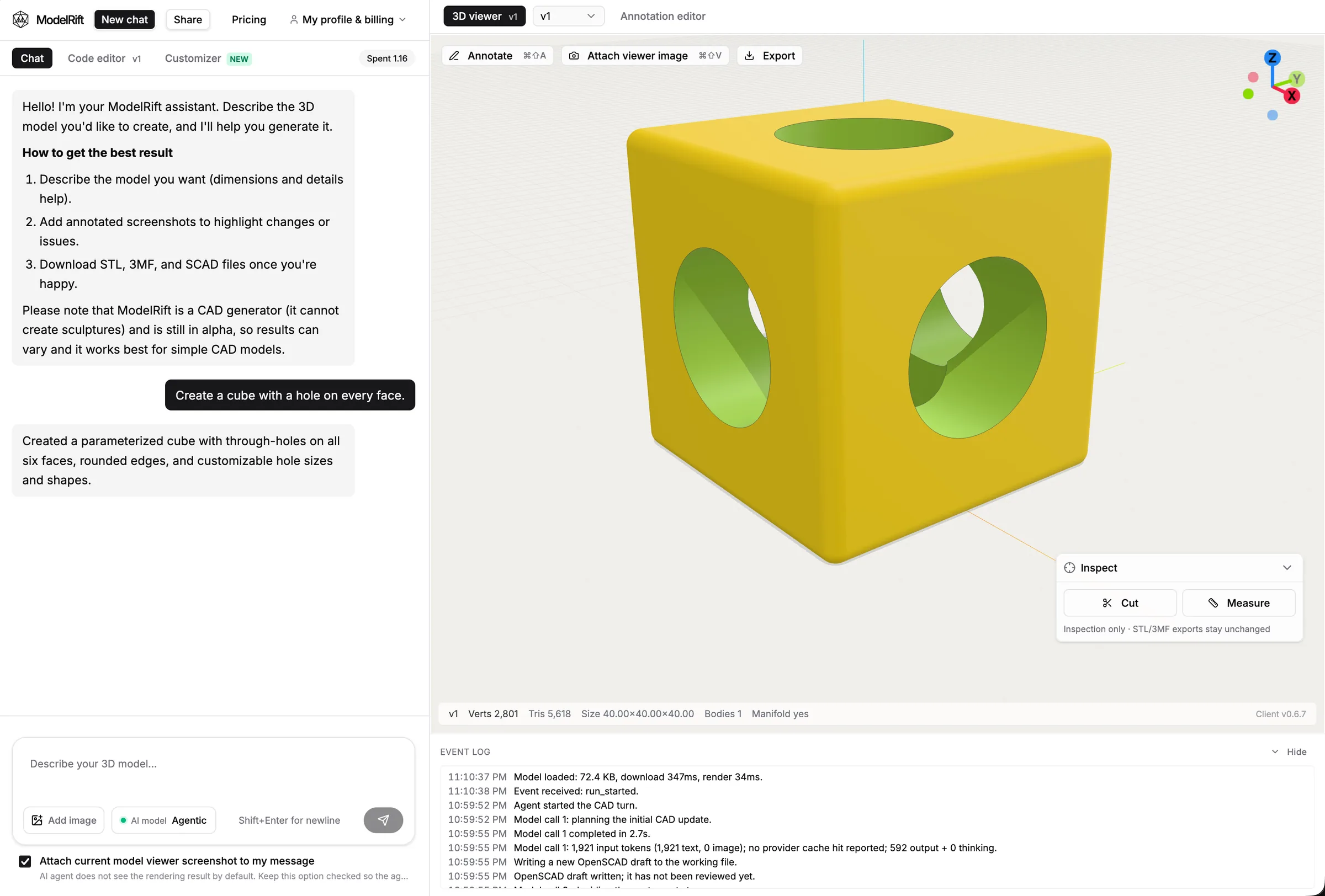 The ModelRift editor: a chat asking for a cube with a hole on every face, and the rendered model beside it