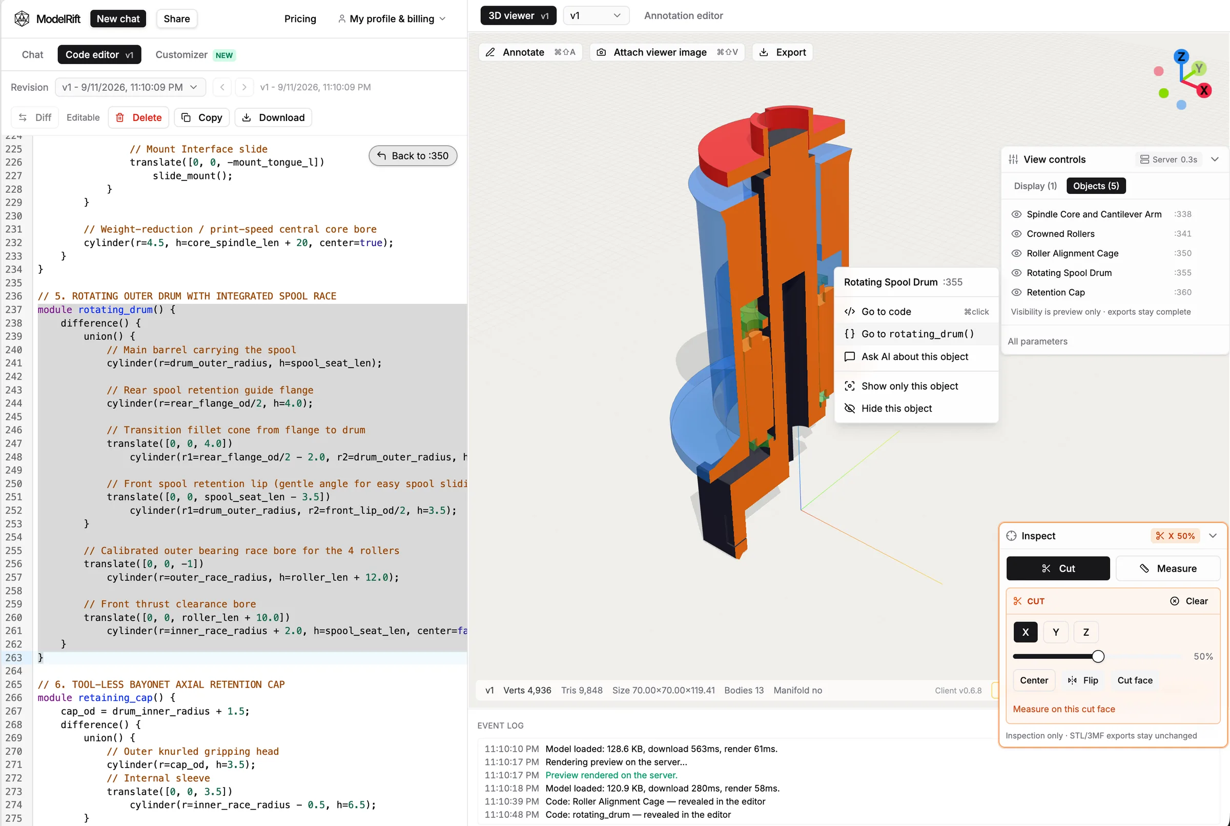 The ModelRift code editor beside a bearing assembly cut open in the viewer, with its five named objects listed and a right-click menu on one of them