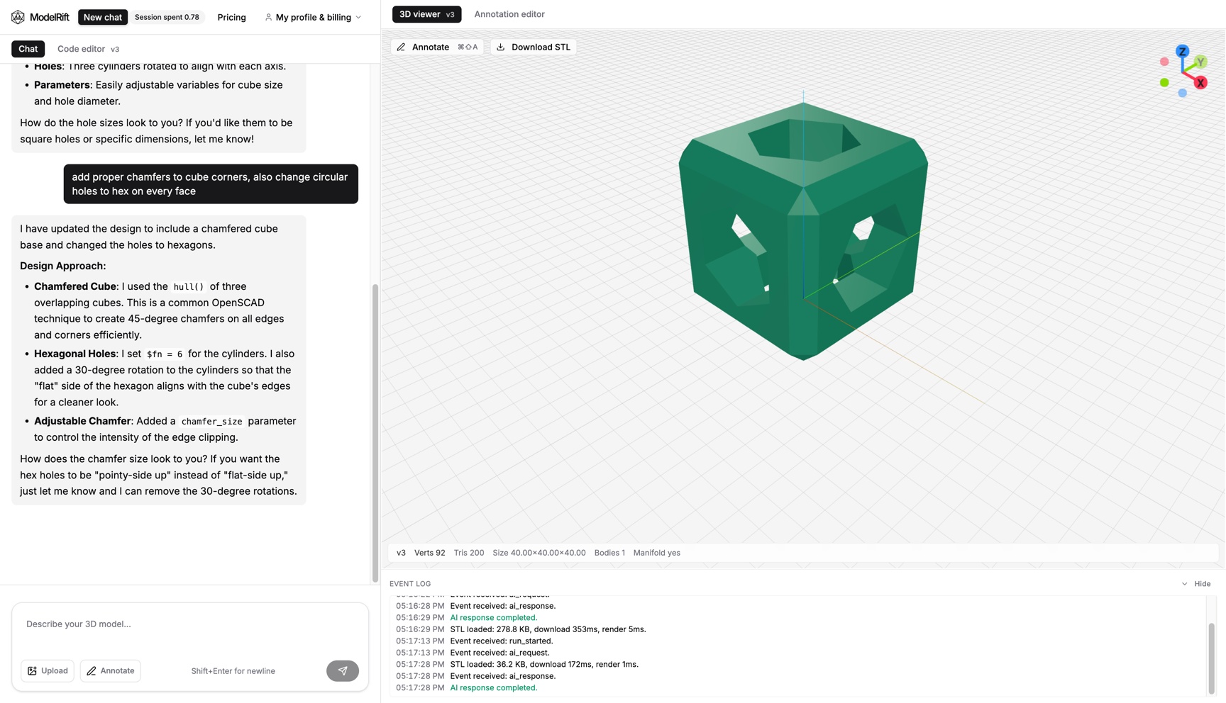 ModelRift editor interface showing code editor, 3D preview, and AI chat
